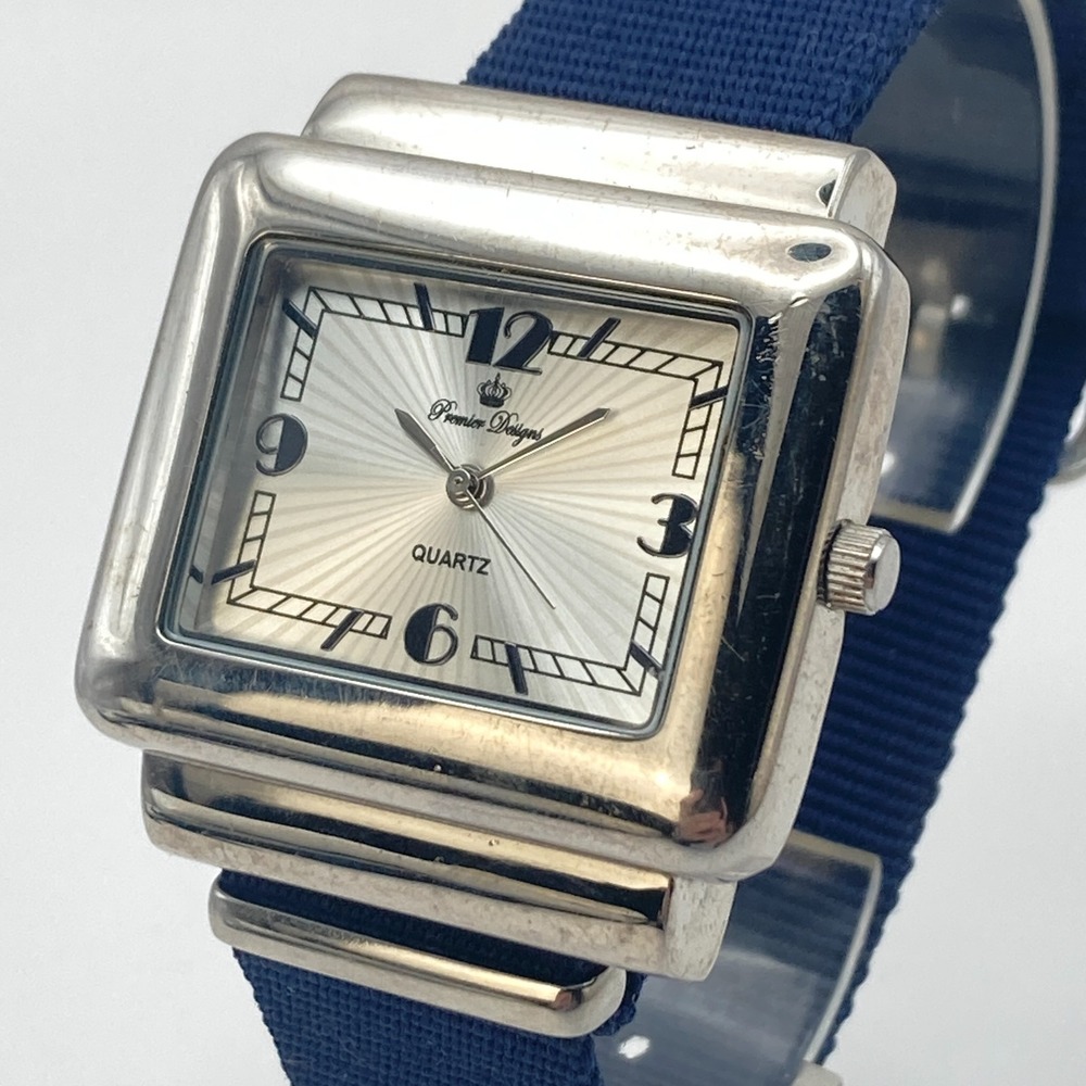 Premier Designs Women's Watch 37mm Silver Tone Retro Blue Nylon Band New Battery